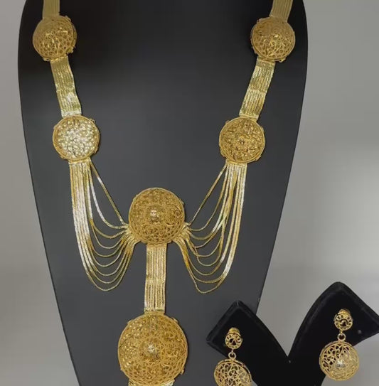 24k 1 Gram Gold Plated Long Necklace Earrings and Finger Ring Set 5756-2