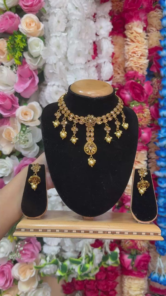 Gold Plated Reverse American Diamond Necklace And Jhumka Earring Set #RAD5