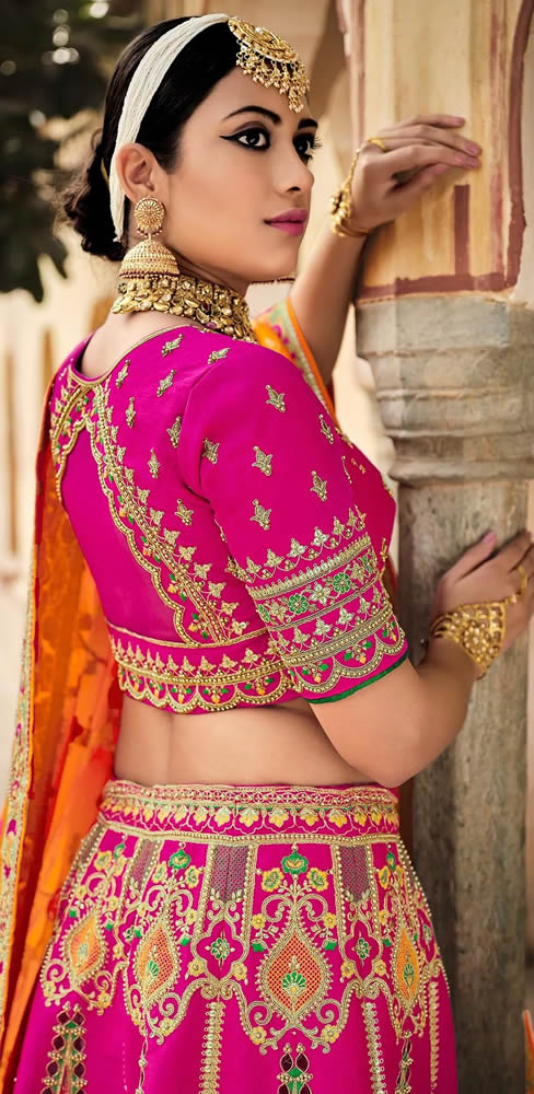 3 Pc Fully Stitched Magenta Pink Wedding Wear Woven-Banarasi Silk Lehenga Choli with Dupatta M5003