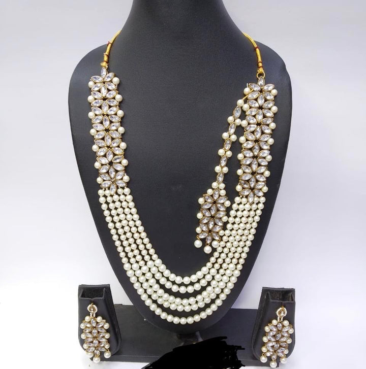 Indian Long Pearl Layered Mala Necklace Earrings Set LMS1 - Zenia Creations