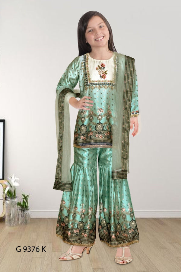 Kids Girls Indian Ethnic Party Wear Dress Digital Print Kurti Gharara and Dupatta N4 - Zenia Creations