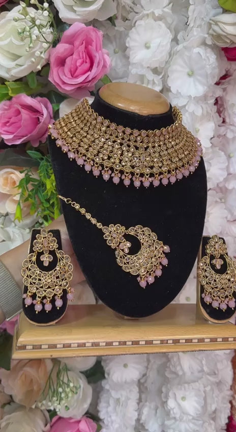 Bridal Gold Plated Polki Reverse American Diamond Choker Necklace Earrings And Mang Tikka Set #RABC1