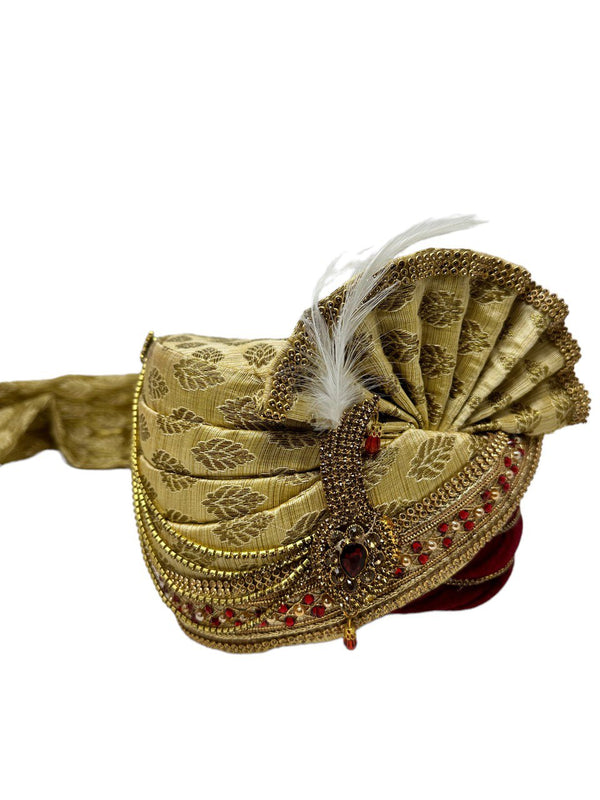 Wedding Pagri Pagari Petha Men Sherwani Safa Dulha Gold & Red Turban BD8