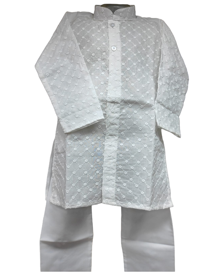 Boys kids partywear White cotton chikankari lucknowi kurta and pants pyjama pajama set model 17 - Zenia Creations