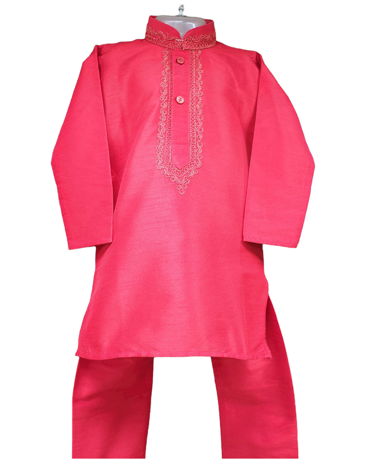 Boys kids partywear Red silk kurta with embroidery and pants pyjama pajama set model 16 - Zenia Creations