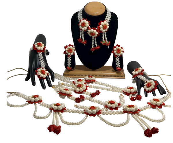 Indian Bridal Red White Mogra Flower Gotta Necklace Earrings Matha Patti Bracelets Set F3 - Zenia Creations