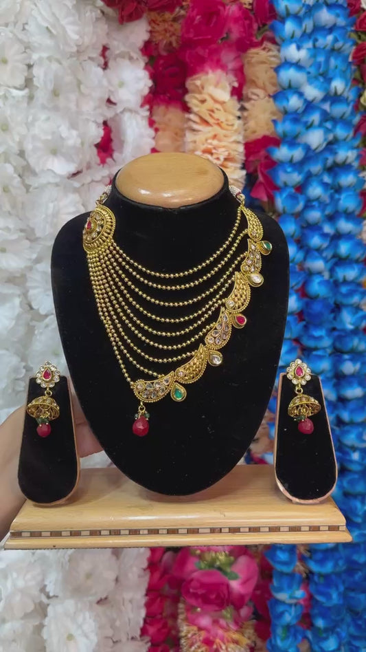 Gold Plated Reverse American Diamond Layered Necklace And Earring Set #RAD19