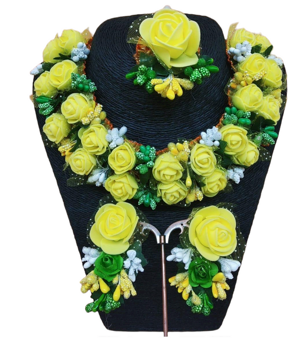 Indian Yellow Flower Gotta Necklace Earrings Mang Tikka Set for Haldi Mehendi Dholki F5 - Zenia Creations