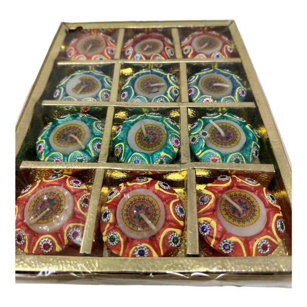 Fancy Colorful Clay Diya with Wax 12 pieces  for Diwali, poojas , weddings decorations #4