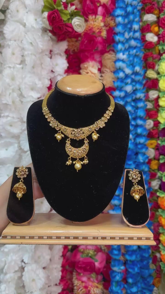 Gold Plated Reverse American Diamond Stones Necklace And Jhumka Earring Set #RAD20