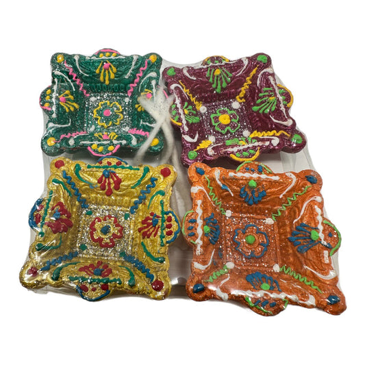 Colorful Clay Diya 4 pieces for Diwali, poojas, weddings decorations #07