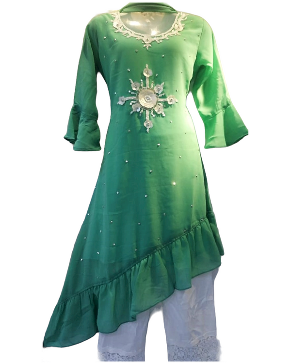 Kids Girls Indian Ethnic Party Wear Dress Georgette Mint Kurti, Pants and Dupatta Z9 - Zenia Creations