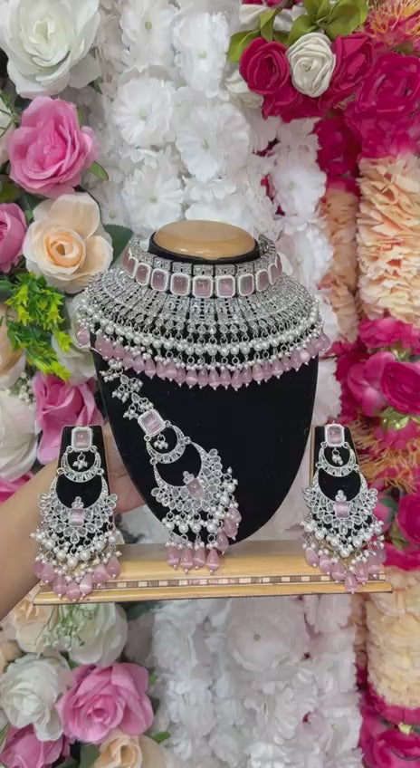 Bridal Silver Polki AD Necklace Earrings And Mangtikka Set #PB4