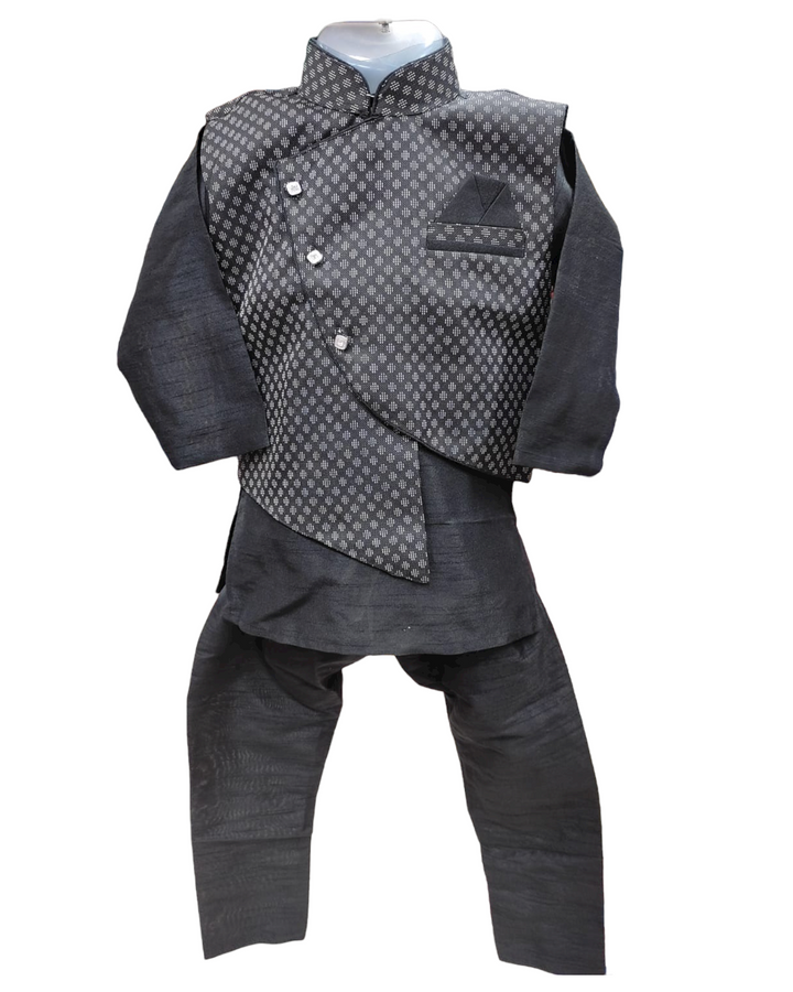 Boys kids partywear Black silk kurta Waistcoat Jacket and pants pyjama pajama set model 24 - Zenia Creations
