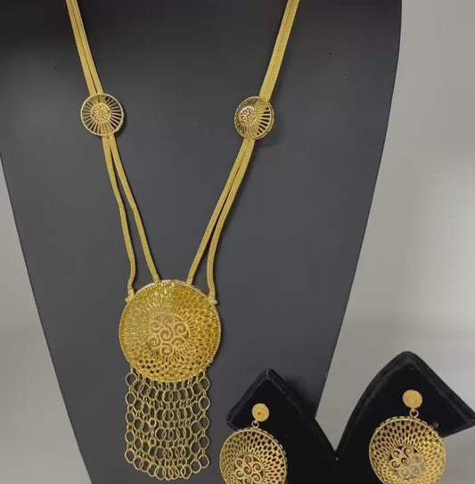 24k 1 Gram Gold Plated Long Necklace Earrings and Finger Ring Set 5017-1