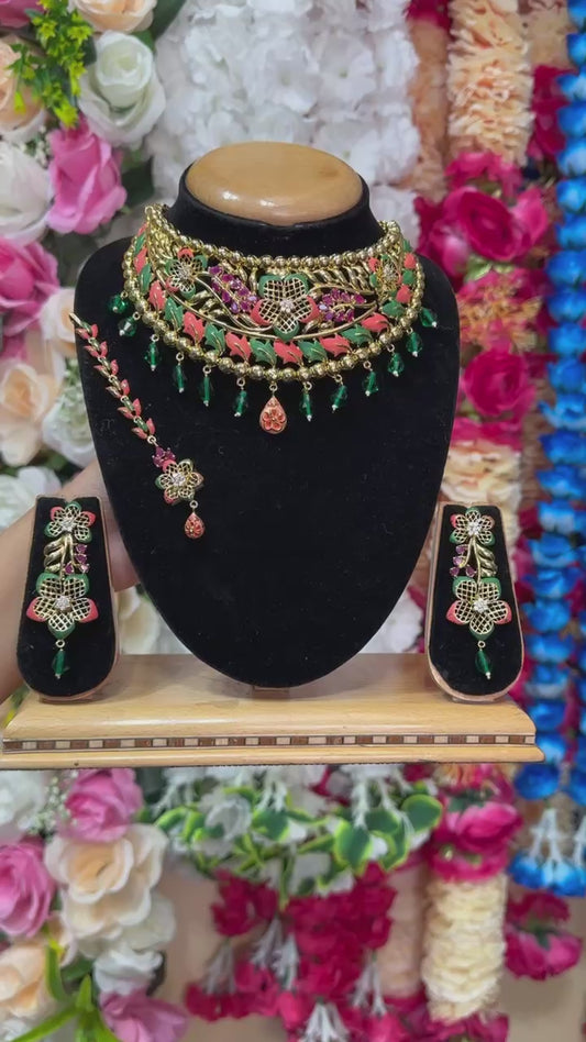 Gold Plated with Meenakari AD/CZ Necklace & Earring Set ADS72