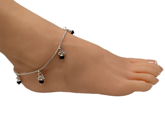 K1 Pair of Anklets Payal with Black Bead Indian Jewelry Silver Color 10"