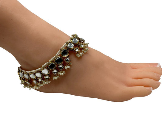 KA2 - Pair of Kundan Anklets Payal with Beads Indian Jewelry