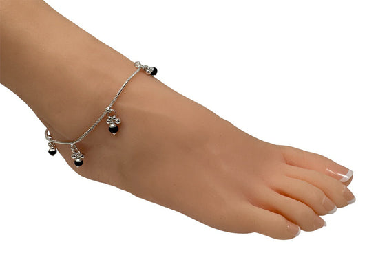 K1 Pair of Anklets Payal with Black Bead Indian Jewelry Silver Color 10"