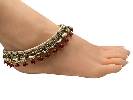 KA3- Pair of Kundan Anklets Payal with Beads Indian Jewelry