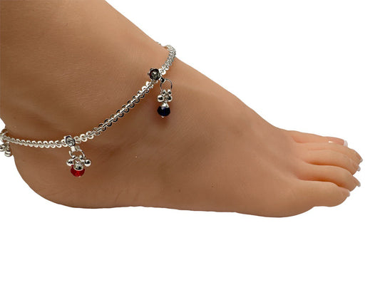 K3 - Pair of Anklets Payal with Rhinestone and Multi Color Beads 10"