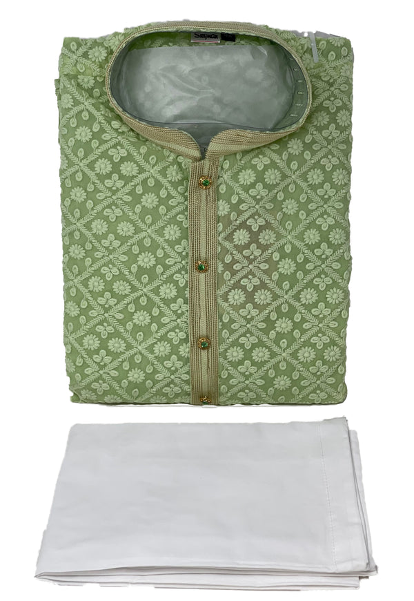 Mens Green Chikankari Lucknowi Kurta and Cotton Pants Pyjama Pajama Set A10