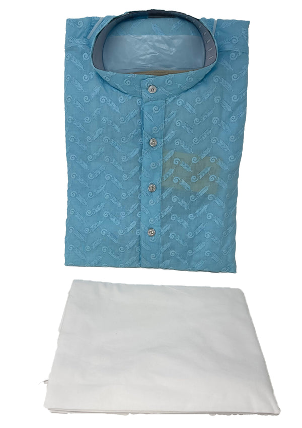 Mens Partywear Blue Chikankari Lucknowi kurta & Cotton Pants Pyjama Pajama Set A14