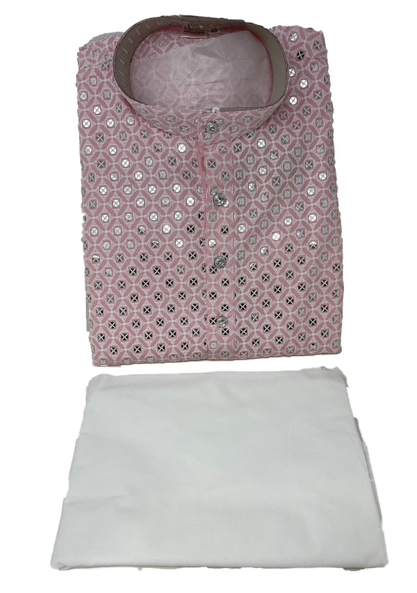 Mens Pink Chikankari Lucknowi Kurta With Sequins and Cotton Pants Pajama Set A22