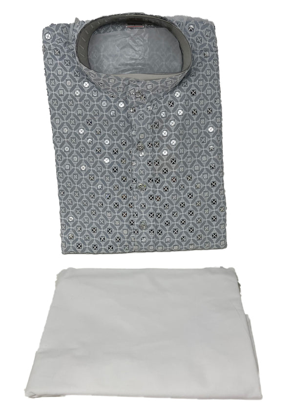 Mens Grey Chikankari Lucknowi Kurta With Sequins and Cotton Pants Pajama Set A22