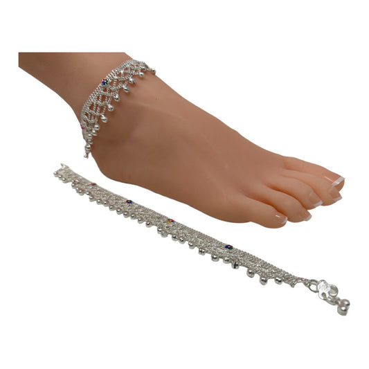 P3 - Pair of Anklets Payal with Rhinestone Indian Jewelry Silver