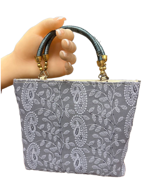 Grey Lucknowi Chikankari Embroidery Hand Bag Purse