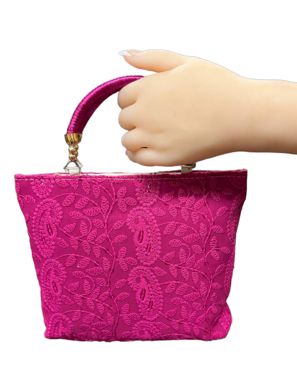 Hot Pink Lucknowi Chikankari Embroidery Hand Bag Purse