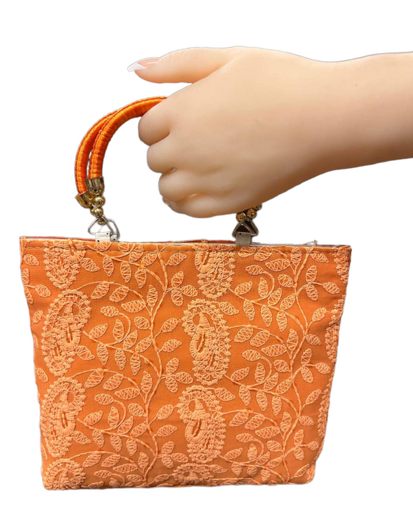 Orange Lucknowi Chikankari Embroidery Hand Bag Purse