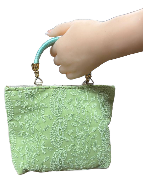 Pista Mint Green Lucknowi Chikankari Embroidery Hand Bag Purse