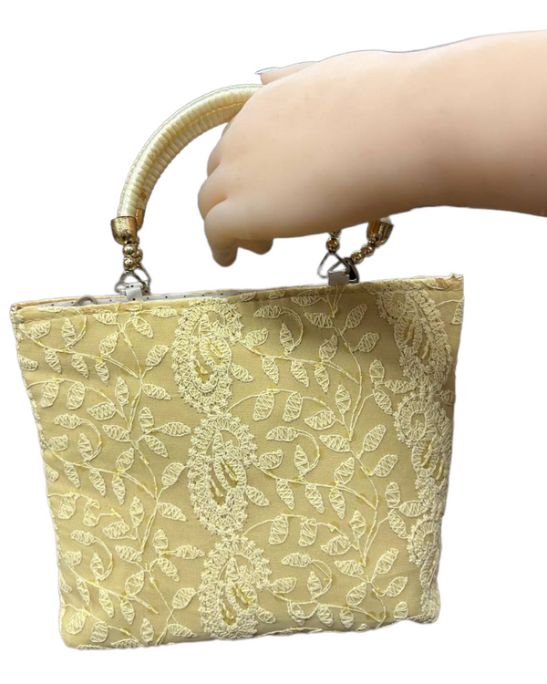 Yellow Lucknowi Chikankari Embroidery Hand Bag Purse