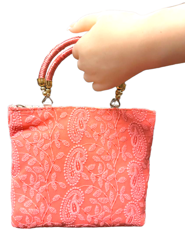 Peach Lucknowi Chikankari Embroidery Hand Bag Purse