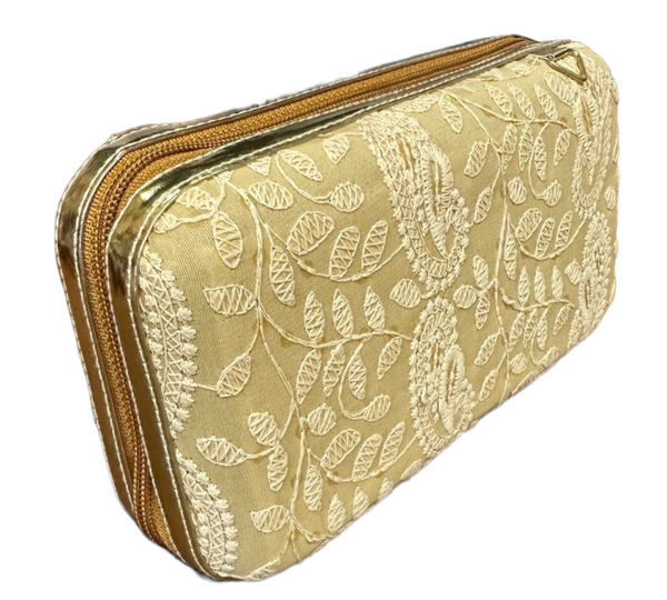 Gold Lucknowi Chikankari Embroidery Hand Bag Purse Clutch