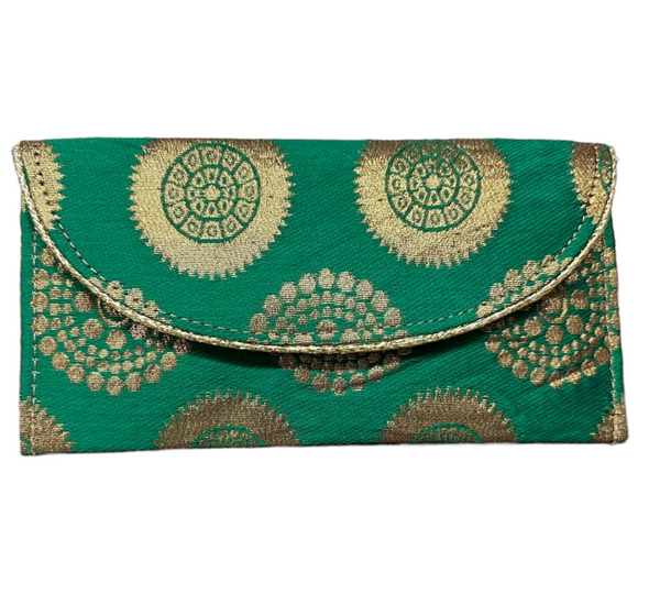 Indian Green Banarasi Silk Hand Bag Purse Envelope Clutch
