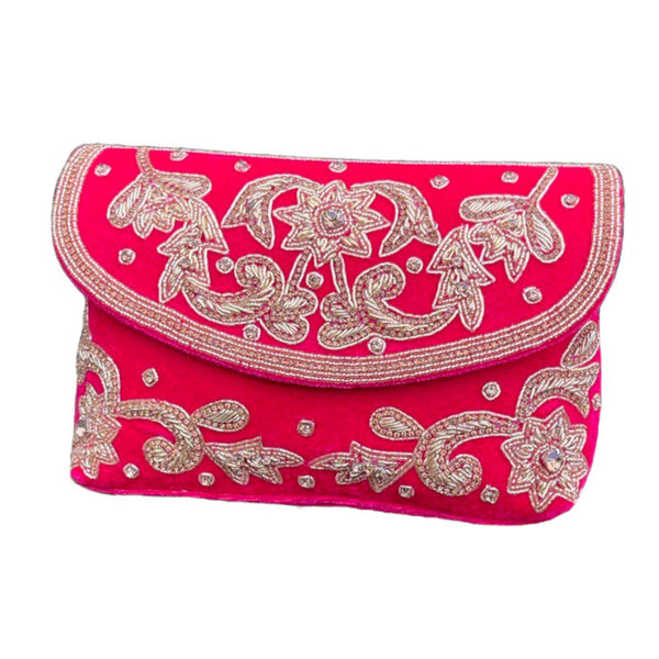 Hot Pink Velvet Hand Bag Purse Clutch With Handwork