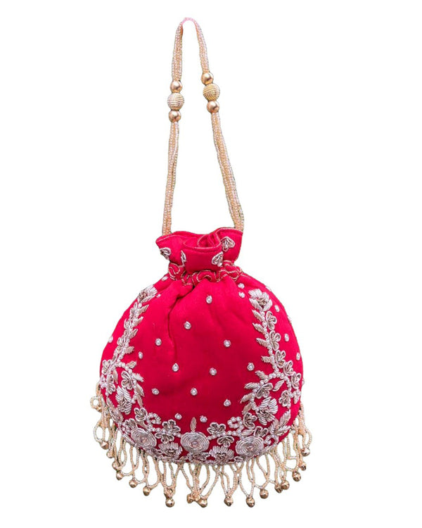 Hot Pink Silk Hand Potli Bag Purse With Handwork And Tassels