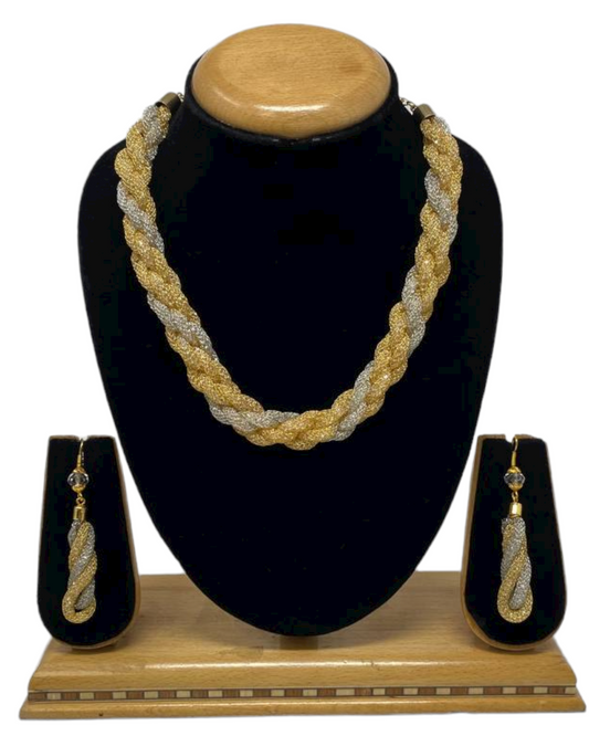 Gold and Silver 2 Tone Twisted and Braided Mesh Necklace Chain and Earrings
