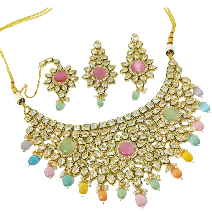 Gold polki necklace Multi color stone