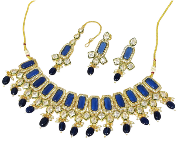 Polki AD With Mona Lisa Stones Necklace Earrings And Mangtikka Set #PS4