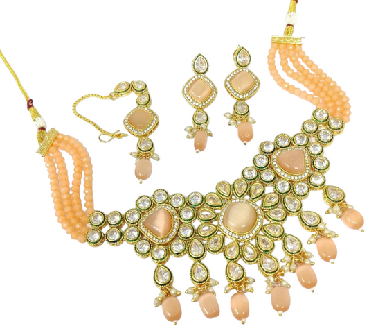 Polki AD Kundan With Peach Mona Lisa Stones Flexible Choker Earrings Set #PS3