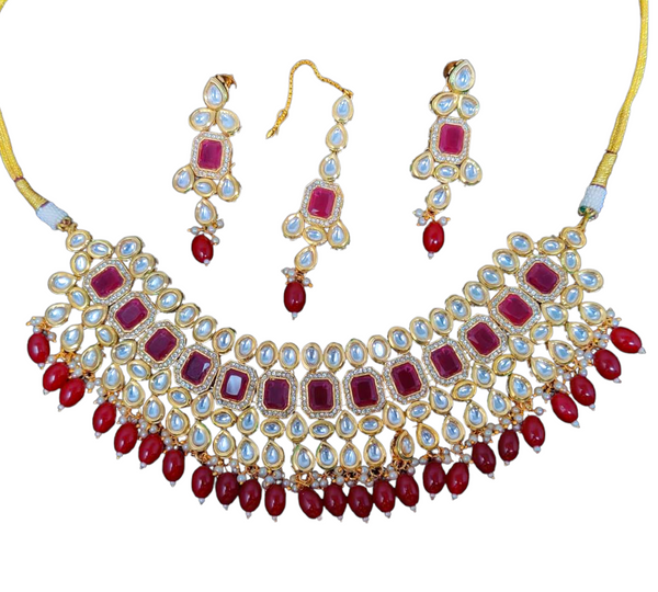 Kundan With Back Meenakari Red Necklace Earrings And Mangtikka Set #PS8