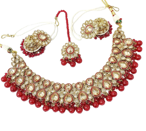 Mehendi Finish Polki Necklace Jhumka Earrings With Sahara And Mangtikka Set #PS9
