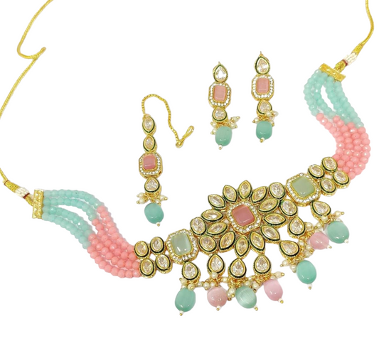 Polki AD Kundan With Pink Mint Mona Lisa Stones Flexible Choker Earrings And Mang Tikka Set #PS10