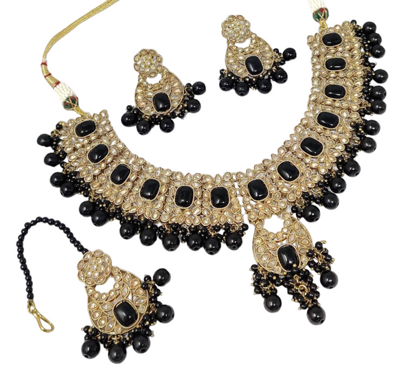 Mehendi Finish Polki With Mona Lisa Stones Necklace Earrings And Mangtikka Set #PS6