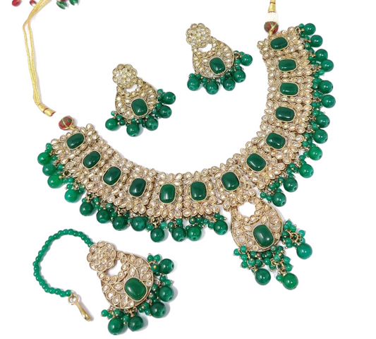 Mehendi Finish Polki With Mona Lisa Stones Necklace Earrings And Mangtikka Set #PS6