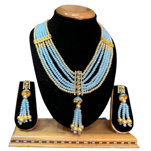 Kundan With Onxy Beads Mala Necklace Earrings Set  #KMS2
